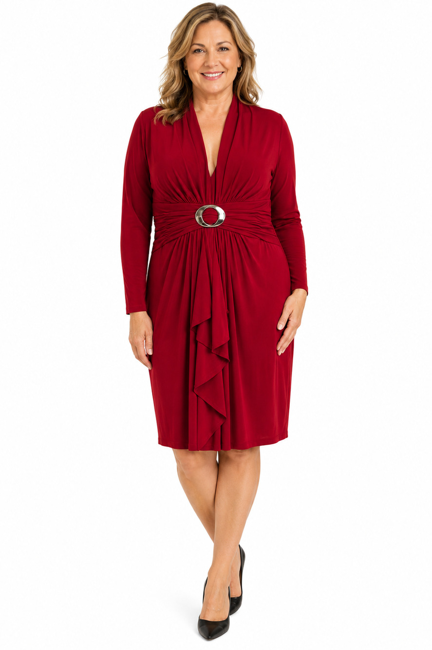 Jones Wear Dress Womens Red Jersey Knit Long Sleeve V-Neck Knee Length sz 16